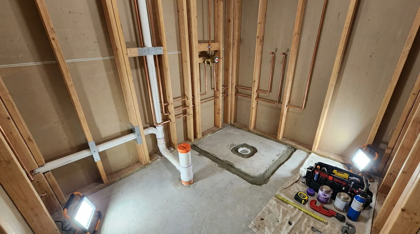 Bathroom rough-in plumbing during remodel by Johns Plumbing LLC in South Hutchinson