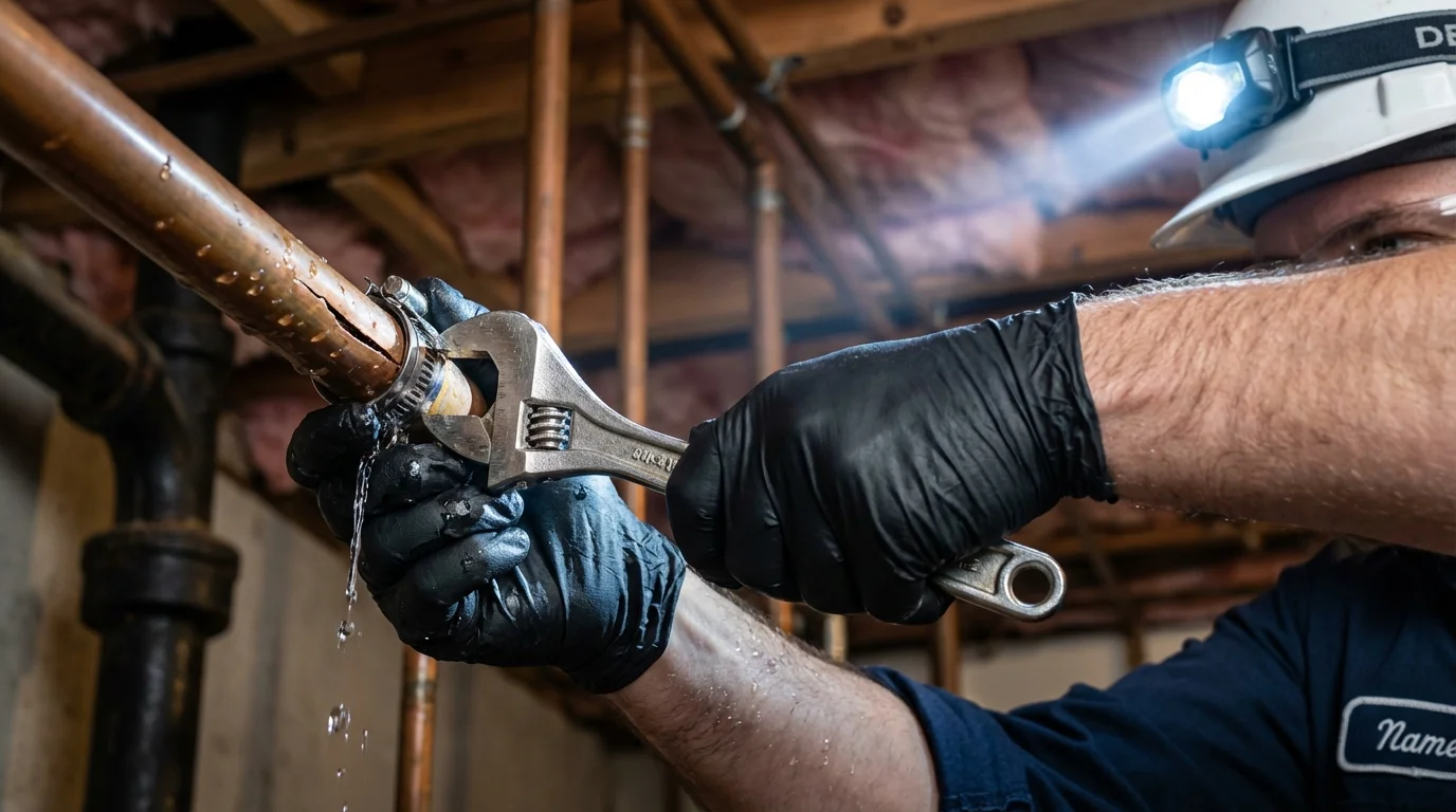 Emergency pipe clamp repair being performed by a Johns Plumbing LLC plumber in South Hutchinson