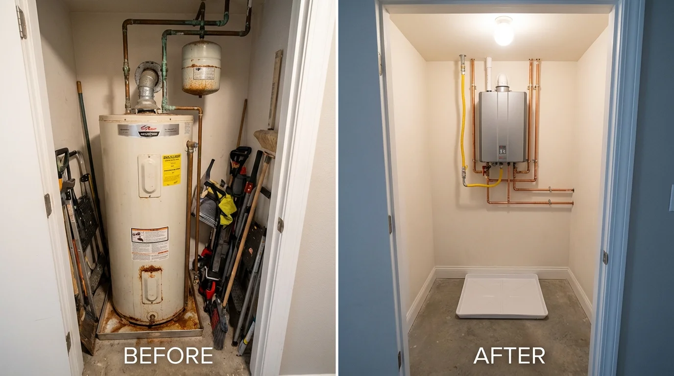 Tank water heater versus wall-mounted tankless unit comparison for South Hutchinson, KS homeowners