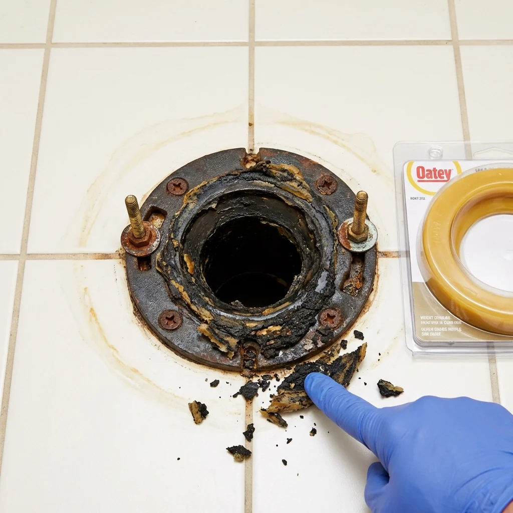 Failed wax ring showing water seepage at the base of a toilet in a South Hutchinson, KS home