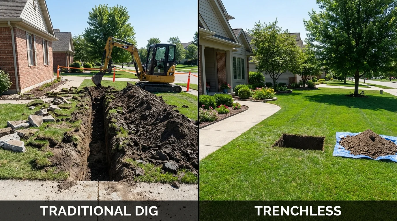 Trenchless sewer repair with minimal yard damage versus traditional excavation in South Hutchinson, KS