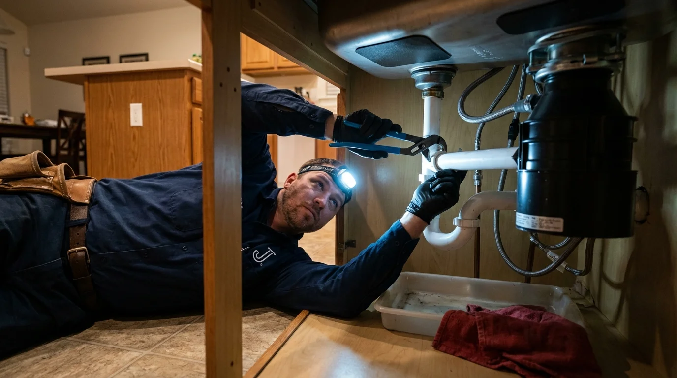P-trap and supply line connections under a kitchen sink showing a common leak point in South Hutchinson, KS